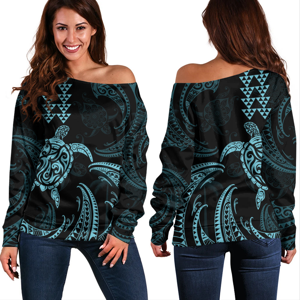 Hawaii Off Shoulder Sweatshirt Polynesian Turtle Tribal Ocean Spirit