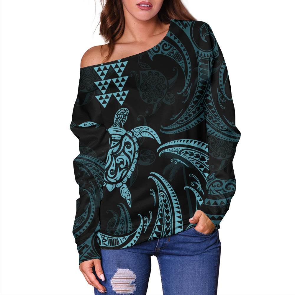 Hawaii Off Shoulder Sweatshirt Polynesian Turtle Tribal Ocean Spirit