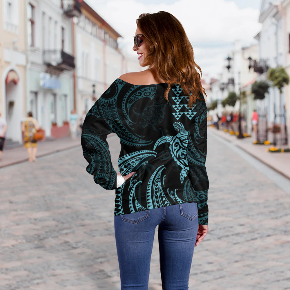 Hawaii Off Shoulder Sweatshirt Polynesian Turtle Tribal Ocean Spirit