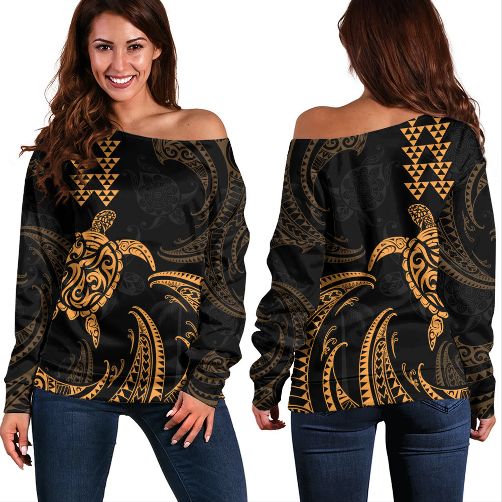 Hawaii Off Shoulder Sweatshirt Polynesian Turtle Tribal Ocean Spirit