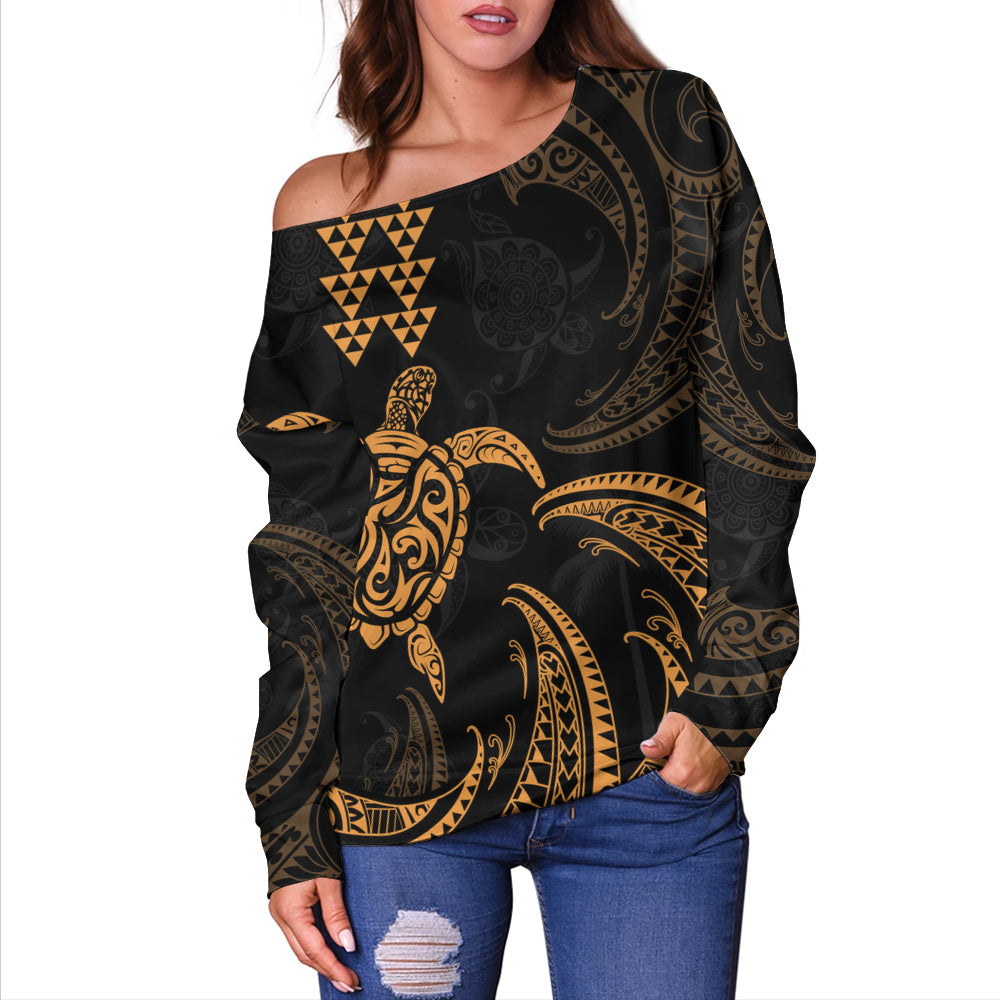 Hawaii Off Shoulder Sweatshirt Polynesian Turtle Tribal Ocean Spirit