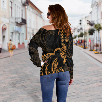 Hawaii Off Shoulder Sweatshirt Polynesian Turtle Tribal Ocean Spirit