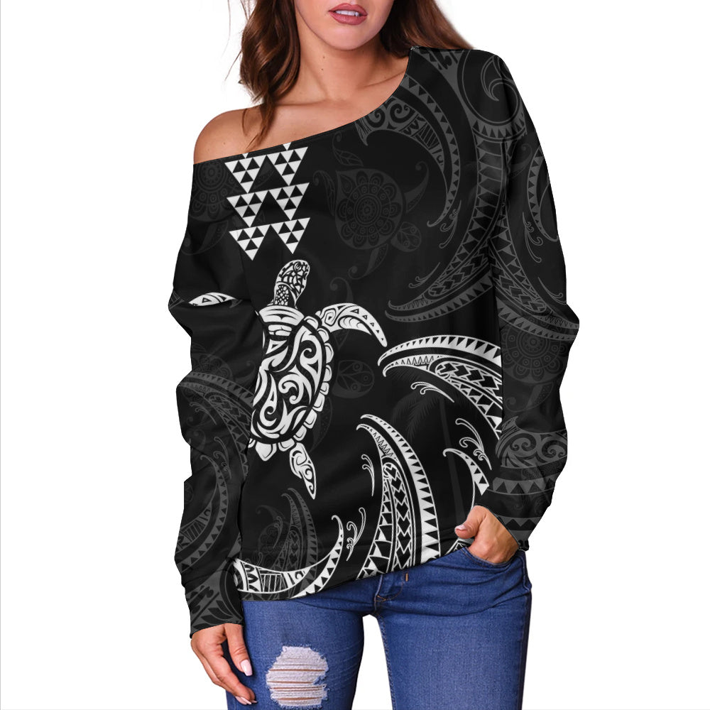 Hawaii Off Shoulder Sweatshirt Polynesian Turtle Tribal Ocean Spirit