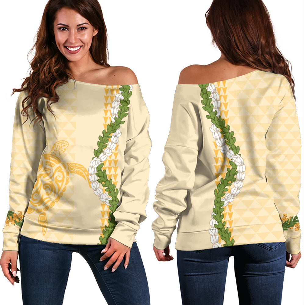Hawaii Off Shoulder Sweatshirt Turtle Puakenikeni Maile Flower Lei