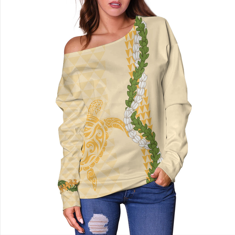 Hawaii Off Shoulder Sweatshirt Turtle Puakenikeni Maile Flower Lei