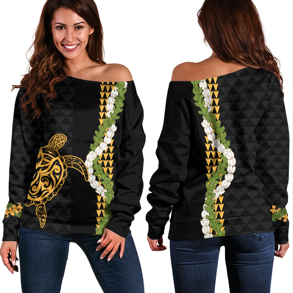 Hawaii Off Shoulder Sweatshirt Turtle Puakenikeni Maile Flower Lei