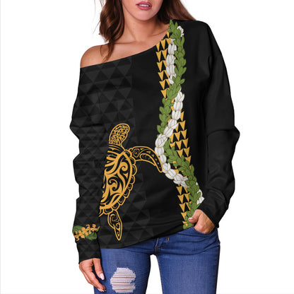 Hawaii Off Shoulder Sweatshirt Turtle Puakenikeni Maile Flower Lei
