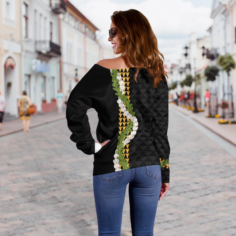 Hawaii Off Shoulder Sweatshirt Turtle Puakenikeni Maile Flower Lei