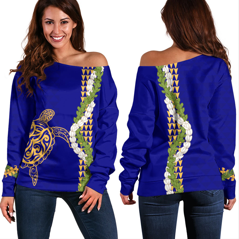 Hawaii Off Shoulder Sweatshirt Turtle Puakenikeni Maile Flower Lei