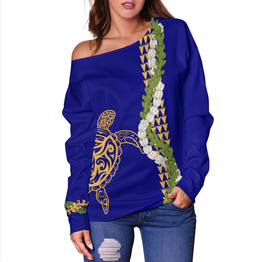 Hawaii Off Shoulder Sweatshirt Turtle Puakenikeni Maile Flower Lei