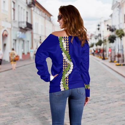 Hawaii Off Shoulder Sweatshirt Turtle Puakenikeni Maile Flower Lei