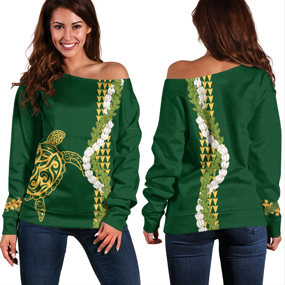 Hawaii Off Shoulder Sweatshirt Turtle Puakenikeni Maile Flower Lei