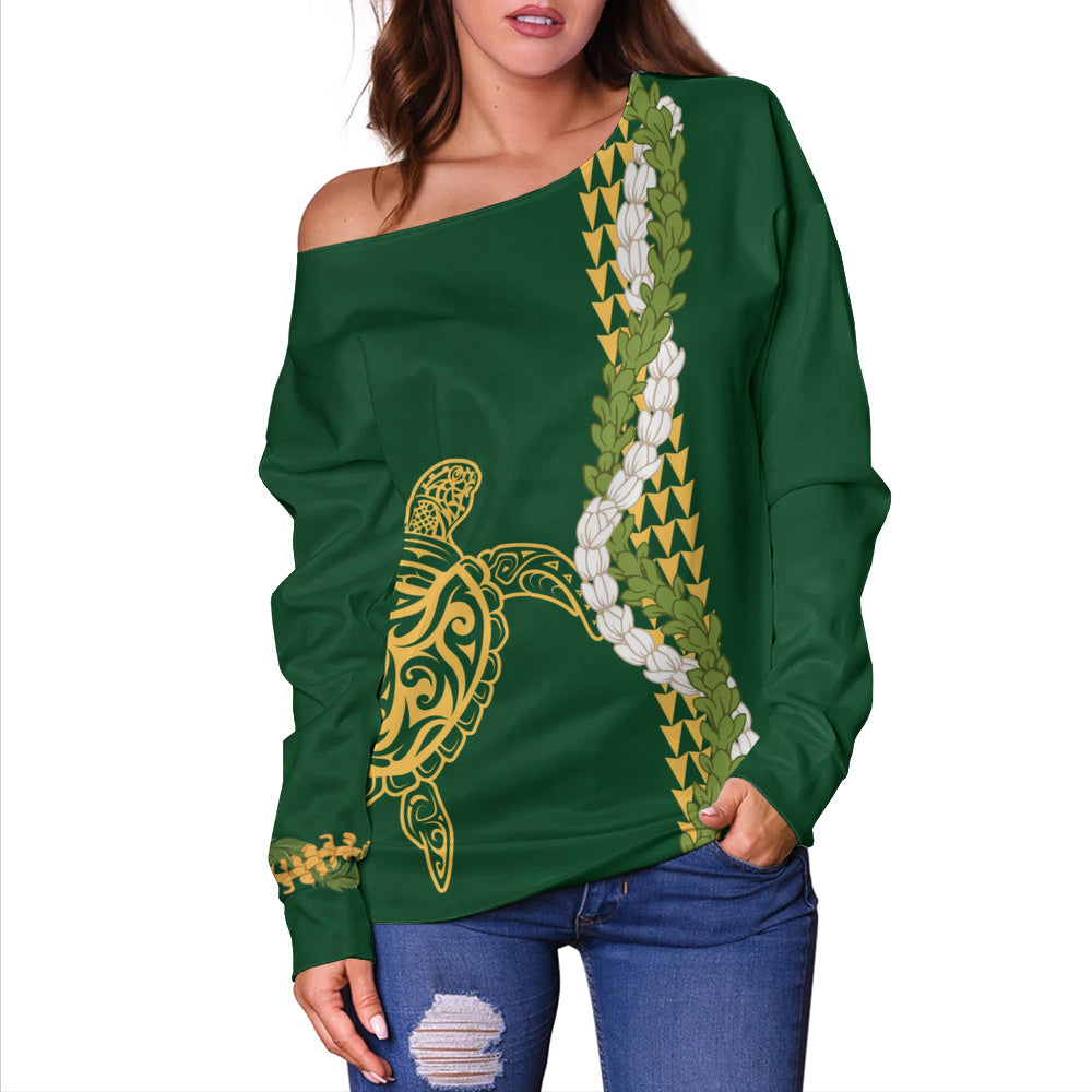 Hawaii Off Shoulder Sweatshirt Turtle Puakenikeni Maile Flower Lei