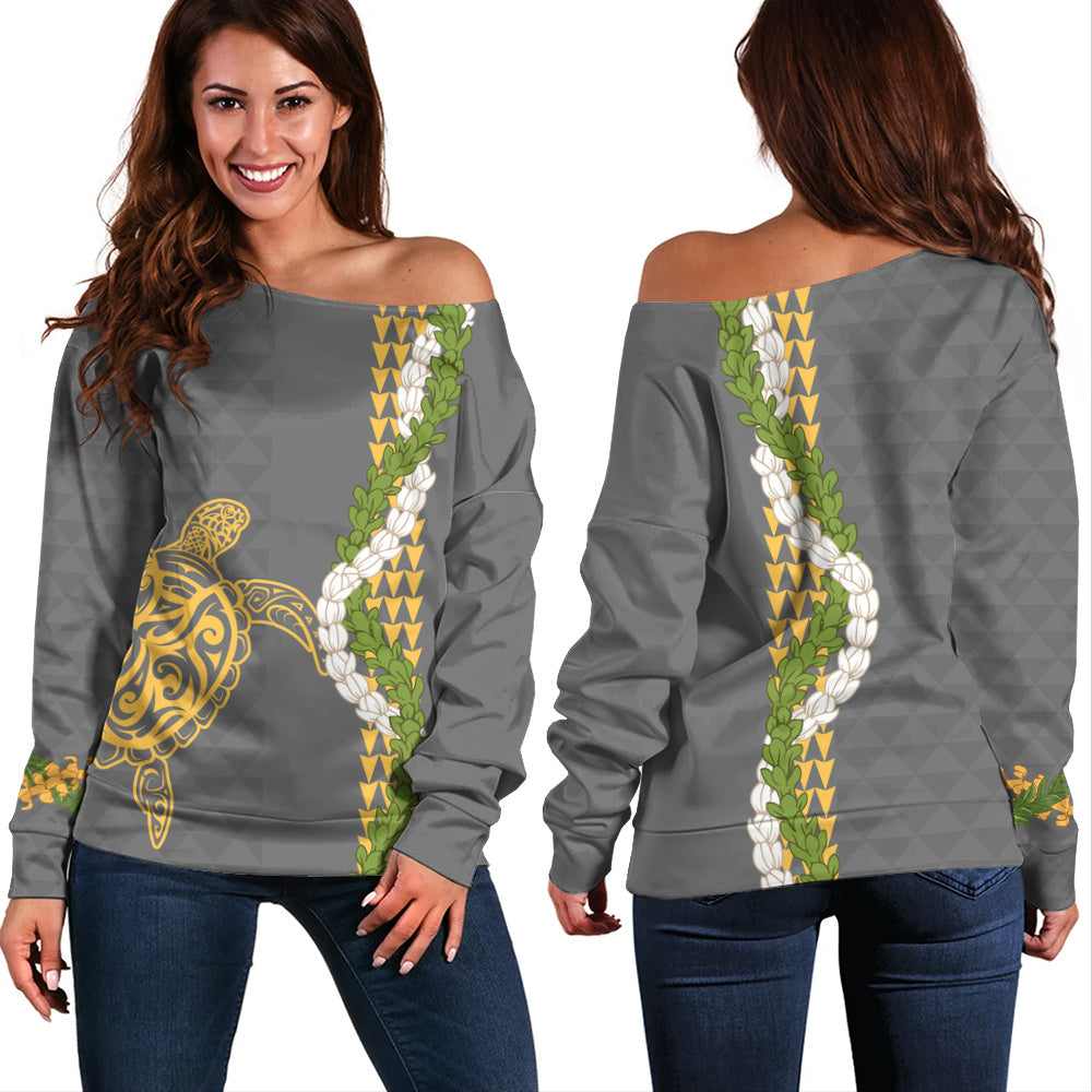 Hawaii Off Shoulder Sweatshirt Turtle Puakenikeni Maile Flower Lei