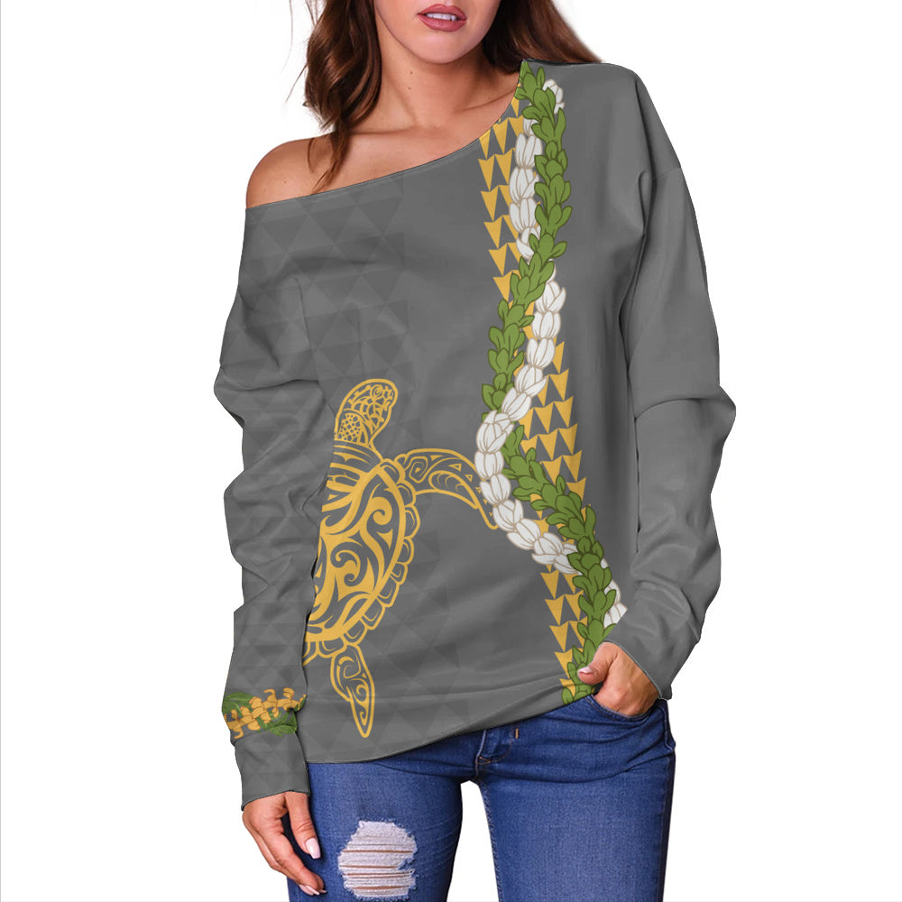 Hawaii Off Shoulder Sweatshirt Turtle Puakenikeni Maile Flower Lei