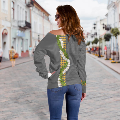 Hawaii Off Shoulder Sweatshirt Turtle Puakenikeni Maile Flower Lei
