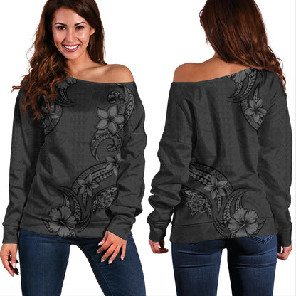 Hawaii Off Shoulder Sweatshirt Plumeria Tribal Wave