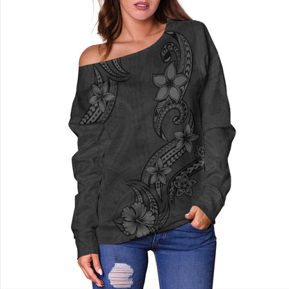 Hawaii Off Shoulder Sweatshirt Plumeria Tribal Wave