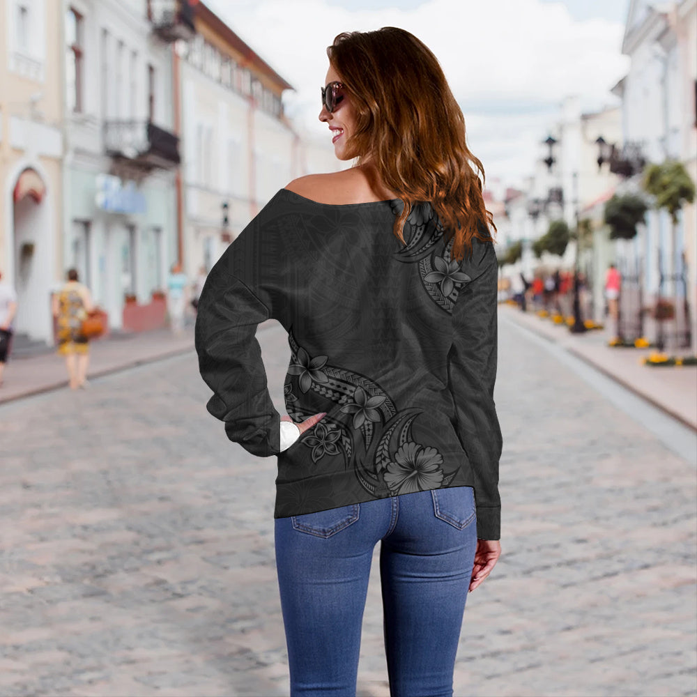 Hawaii Off Shoulder Sweatshirt Plumeria Tribal Wave