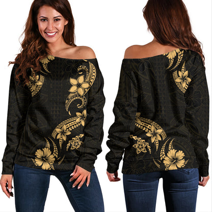 Hawaii Off Shoulder Sweatshirt Plumeria Tribal Wave