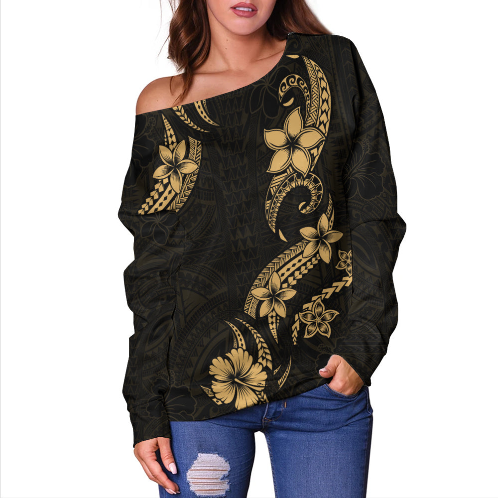 Hawaii Off Shoulder Sweatshirt Plumeria Tribal Wave