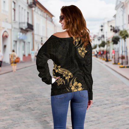 Hawaii Off Shoulder Sweatshirt Plumeria Tribal Wave