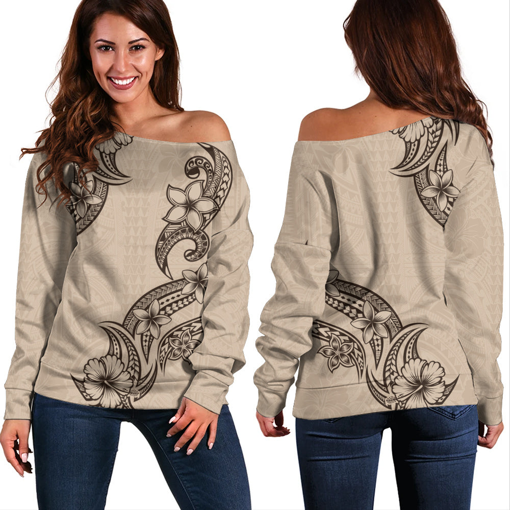 Hawaii Off Shoulder Sweatshirt Plumeria Tribal Wave