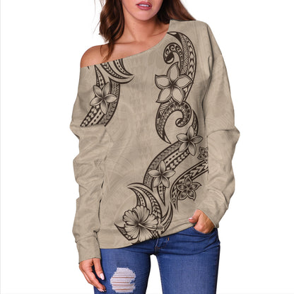 Hawaii Off Shoulder Sweatshirt Plumeria Tribal Wave