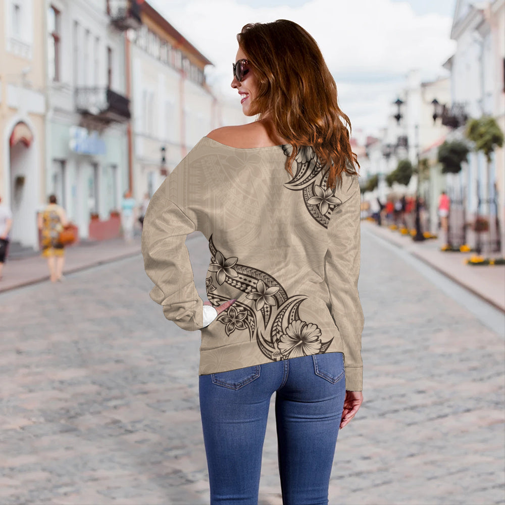 Hawaii Off Shoulder Sweatshirt Plumeria Tribal Wave