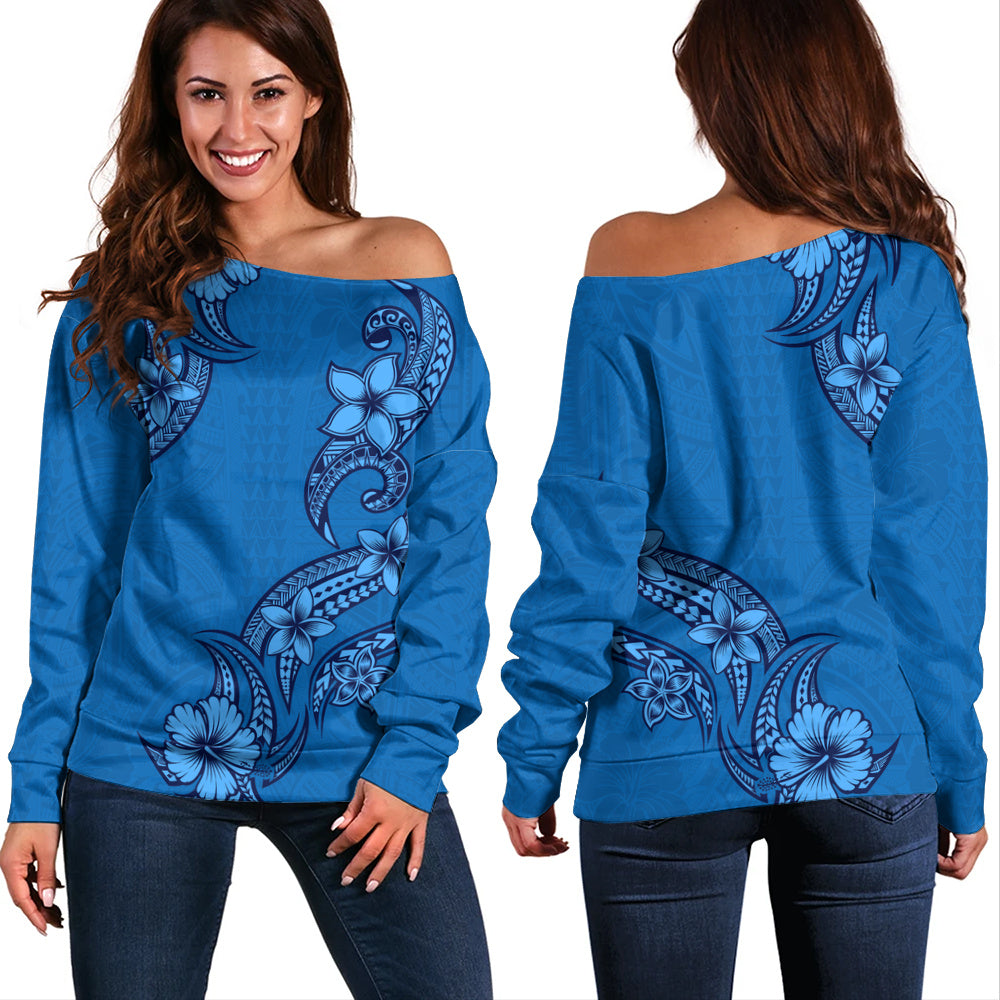 Hawaii Off Shoulder Sweatshirt Plumeria Tribal Wave