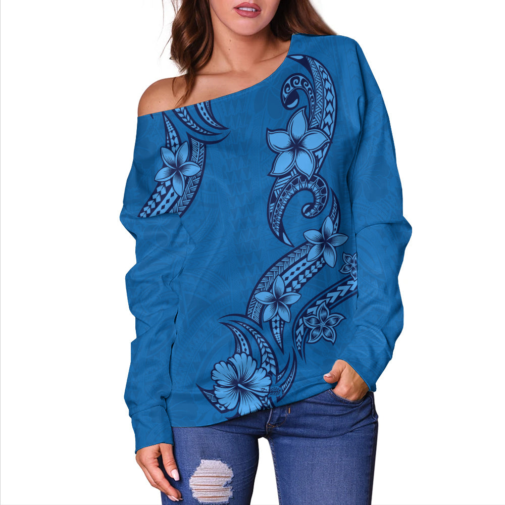 Hawaii Off Shoulder Sweatshirt Plumeria Tribal Wave