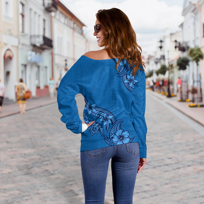 Hawaii Off Shoulder Sweatshirt Plumeria Tribal Wave