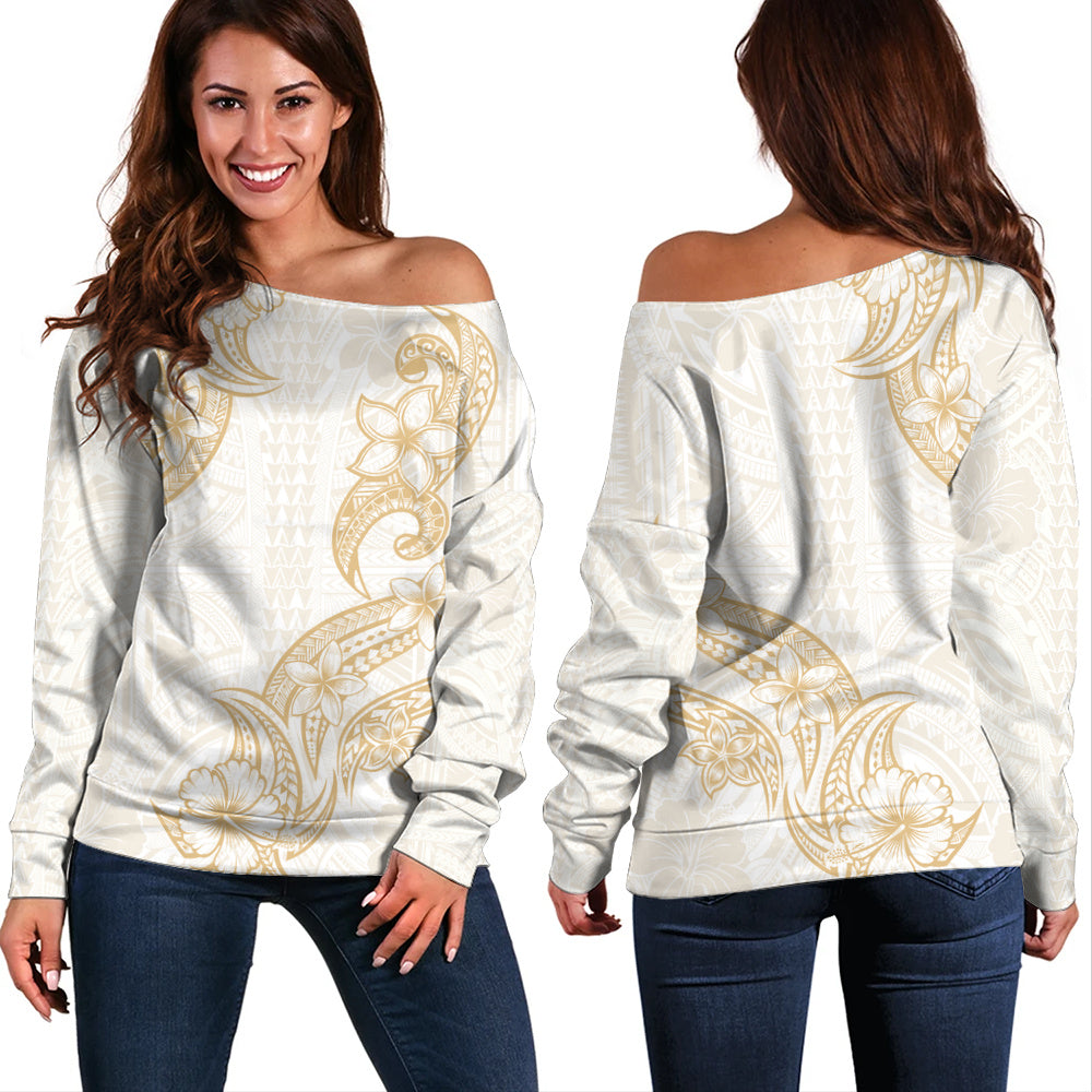 Hawaii Off Shoulder Sweatshirt Plumeria Tribal Wave