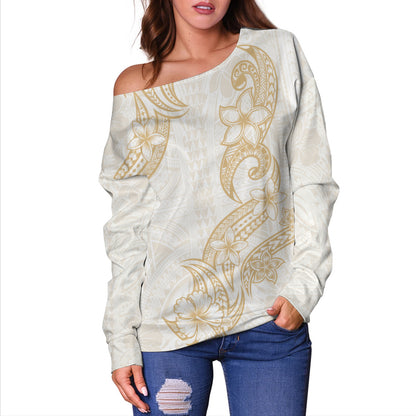 Hawaii Off Shoulder Sweatshirt Plumeria Tribal Wave