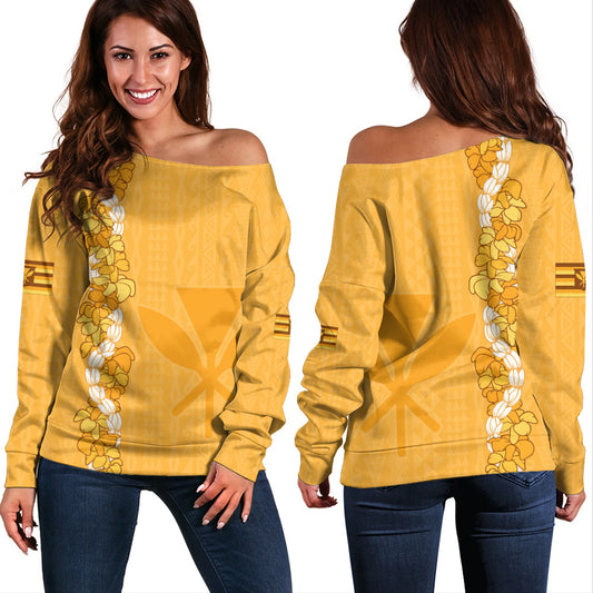 Hawaii Off Shoulder Sweatshirt Flower Lei Kanaka Maoli Polynesia Island Style