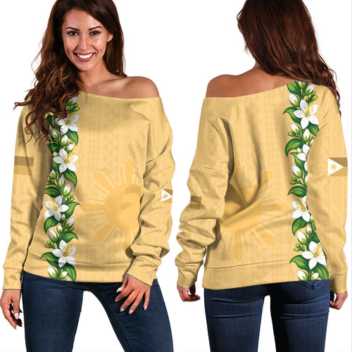 Philippines Filipinos Off Shoulder Sweatshirt Sampaguita Flower Tribal Polynesian Sun Island Style