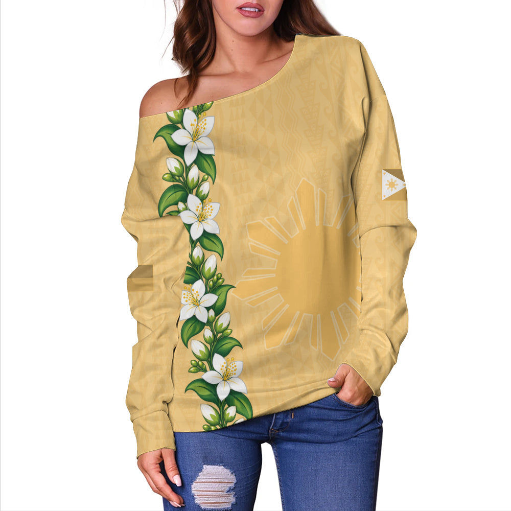 Philippines Filipinos Off Shoulder Sweatshirt Sampaguita Flower Tribal Polynesian Sun Island Style