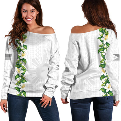 Philippines Filipinos Off Shoulder Sweatshirt Sampaguita Flower Tribal Polynesian Sun Island Style