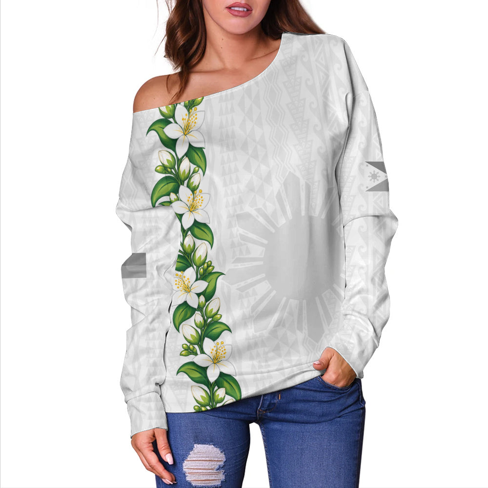 Philippines Filipinos Off Shoulder Sweatshirt Sampaguita Flower Tribal Polynesian Sun Island Style