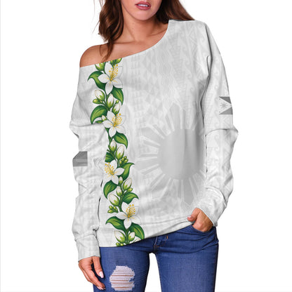 Philippines Filipinos Off Shoulder Sweatshirt Sampaguita Flower Tribal Polynesian Sun Island Style