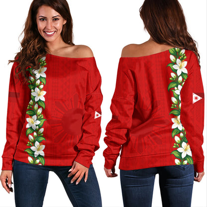 Philippines Filipinos Off Shoulder Sweatshirt Sampaguita Flower Tribal Polynesian Sun Island Style