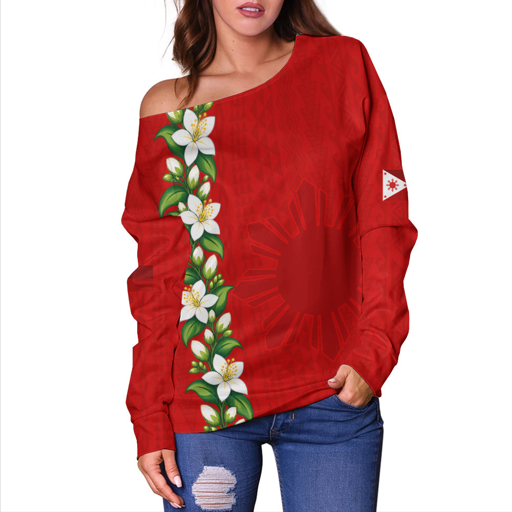 Philippines Filipinos Off Shoulder Sweatshirt Sampaguita Flower Tribal Polynesian Sun Island Style