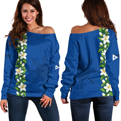 Philippines Filipinos Off Shoulder Sweatshirt Sampaguita Flower Tribal Polynesian Sun Island Style