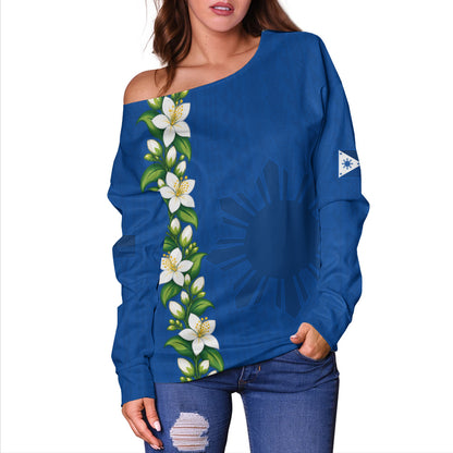 Philippines Filipinos Off Shoulder Sweatshirt Sampaguita Flower Tribal Polynesian Sun Island Style