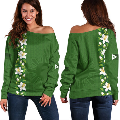 Philippines Filipinos Off Shoulder Sweatshirt Sampaguita Flower Tribal Polynesian Sun Island Style