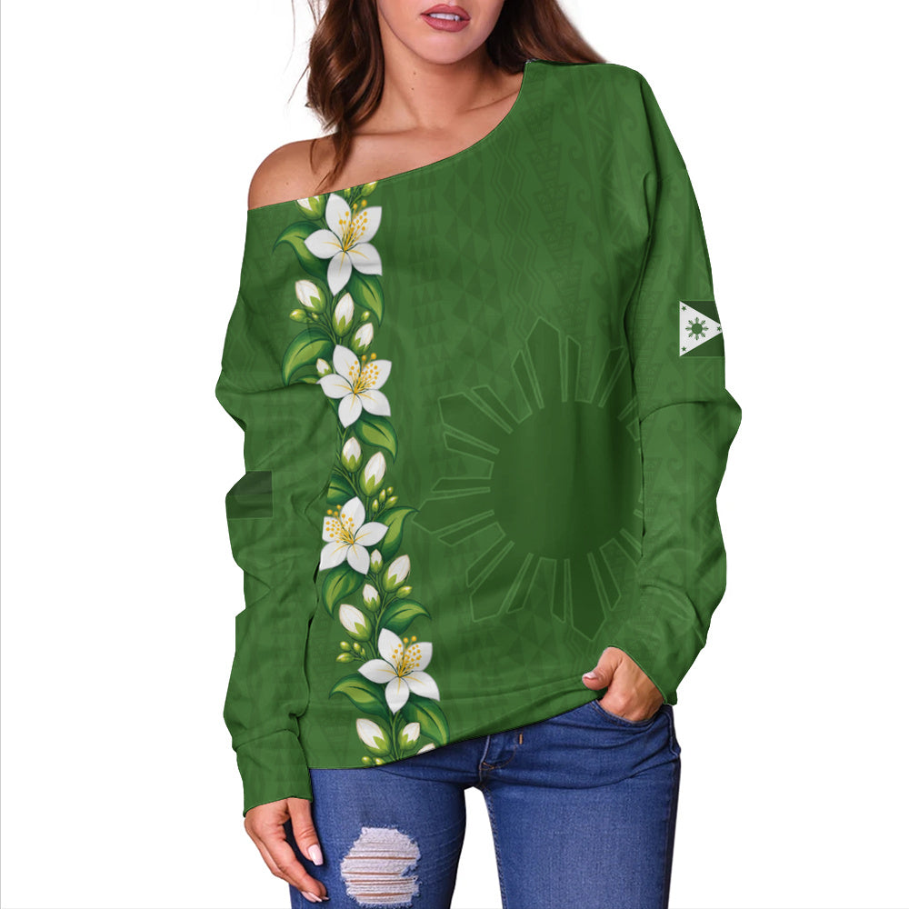 Philippines Filipinos Off Shoulder Sweatshirt Sampaguita Flower Tribal Polynesian Sun Island Style