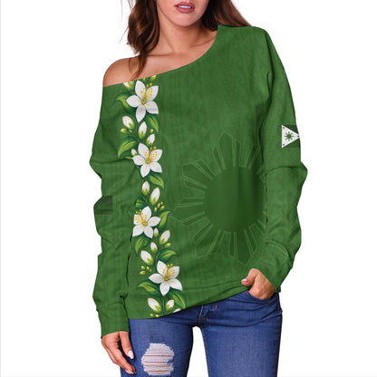 Philippines Filipinos Off Shoulder Sweatshirt Sampaguita Flower Tribal Polynesian Sun Island Style