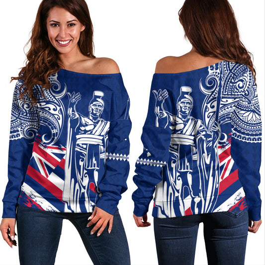Hawaii Off Shoulder Sweatshirt King Kamehameha Hawaiian Flag Polynesian Pride