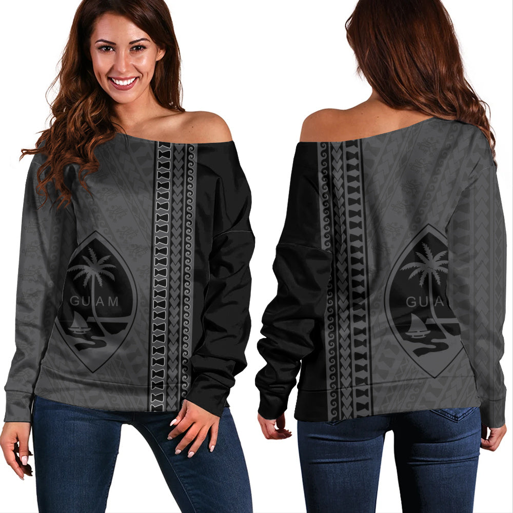 Guam Off Shoulder Sweatshirt Island Crest Chamorro Tribal Heritage