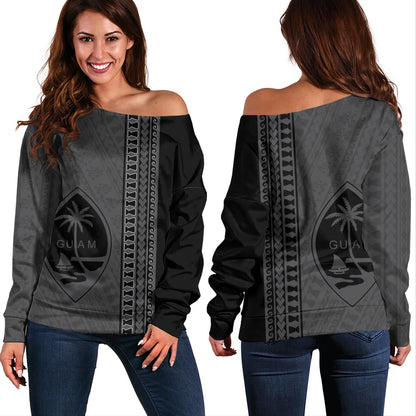 Guam Off Shoulder Sweatshirt Island Crest Chamorro Tribal Heritage
